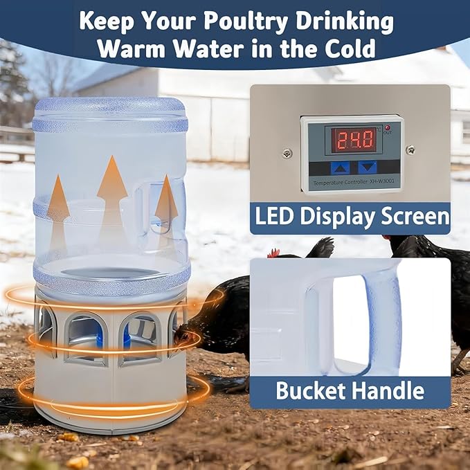 5 Gallon/18.9L Chicken Waterer for Winter, 110V 80W Heated Chicken Waterer, Temp Controlling (0-50℃) & LED Display for Chickens, Ducks, Geese and Chicken Coop with 9.84ft Power Cord