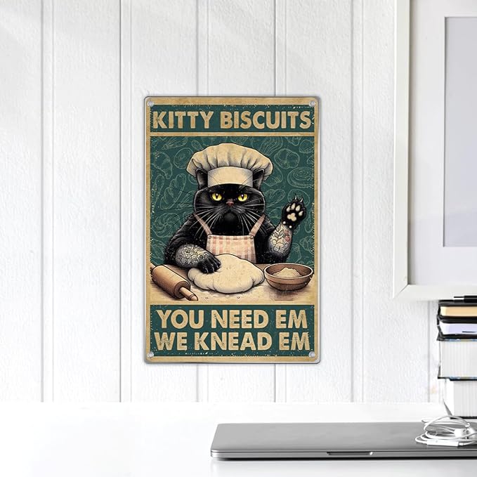 Biscuits Black Cat Wall Decor Funny Kitchen Retro Metal Sign Vintage Art Tin Poster Lovers Home Decoration 8 x 12 Inch Outdoor Indoor Aluminum
