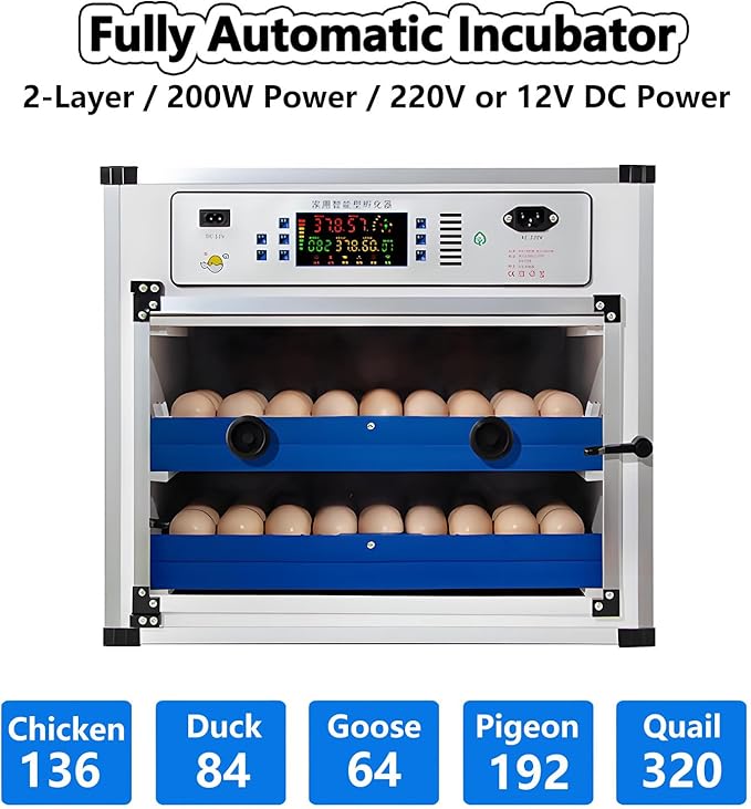Poultry Pigeon & Game Bird Egg Incubators with Auto Turn & Smart Temp/Humidity Control & Egg Candler Poultry Hatcher Machine for Hatching Eggs Adjustable Rollers for Any Egg Size 136eggs