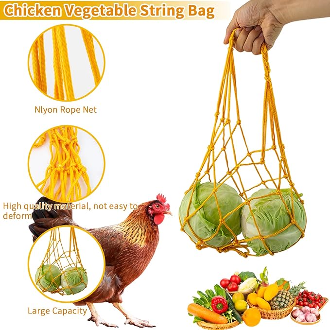 FlidRunest 4PCS Chicken Coop Toys Set, Hanging Chicken Wind Chime, Vegetable String Bag, Coop Mirror Toy and Beak Grinding Calcium Stone, Musical Enrichment Accessories for Hens Poultry Chick