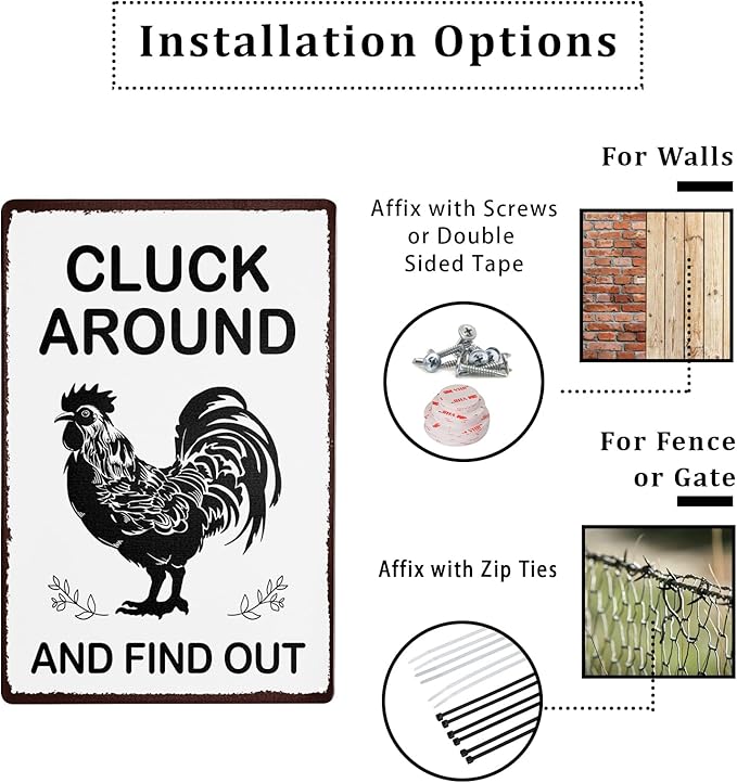 Vintage Metal Tin Sign - 12x8 Inch Cluck Around And Find Out Sign - Wall Art Plaque - Funny Chickens Decor - Chicken Coop