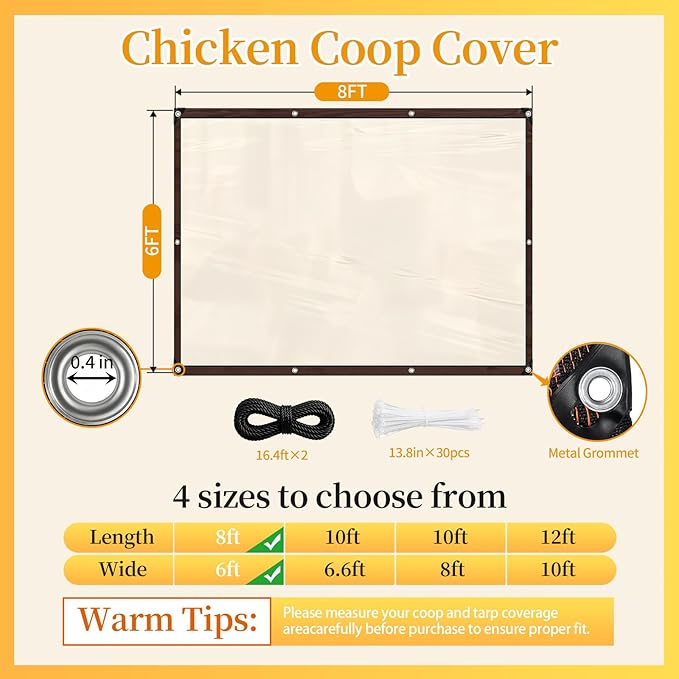 Chicken Coop Cover for Winter, Waterproof Clear Tarp with Metal Grommets, Rope & Cable Ties, Durable Easy Install Chicken Run Cover Winter Wrap, Insulated Poultry Supplies for Outdoor Patio Porch