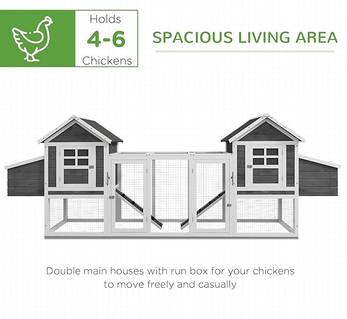 PawHut Dual Wooden Chicken Coop with Garden Bed, Large Outdoor Hen House with Nesting Boxes Removable Trays, Ramps Run, for Garden Backyard, 123" x 27.5" x 42.5", Dark Gray