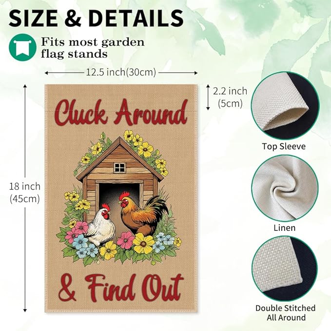 Cluck Around & Find Out Garden Flag, Double Sided Farmhouse Chicken Coop Outdoor Decoration Yard Flag Gifts, Welcome to the Farm Flags for Chickens Lover, Funny Chicken Sign