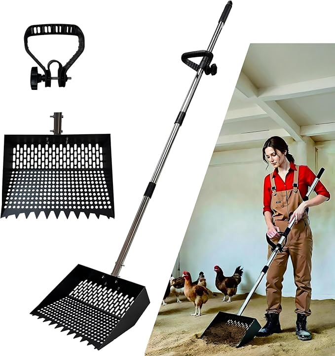 12Inch Chicken Poop Scooper 2-in-1 Coop Scoop with Adjustable Stainless Steel Handle (24-64'') Chicken Coop Rake Sand Sifting Chicken Coop Shovel for Farm Livestock Cleaning Tool