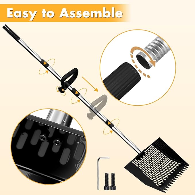 2-in-1 Chicken Poop Scooper & Rake, 12" Wide 63" Long Large Metal Chicken Coop Scooper for Sand with Ergonomic Grip, Heavy Duty Sifting Shovel Rake for Beach, Farm, Garden & Yard Waste (Black)