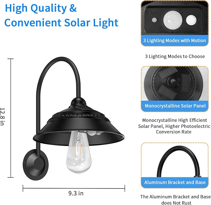 Aqonsie Solar Barn Light Outdoor With 3 Lighting Modes & Motion Sensor Wall Sconces, Rustic Chicken Coop Lights, Waterproof Wall Mount Light for Barn/Shed/Farmhouse/Porch