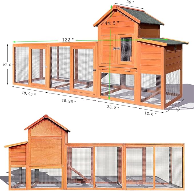 122" Large Chicken Coop Wooden Backyard Hen House - Indoor Outdoor Poultry Pet Hutch Garden Backyard Cage 2 Story Poultry Cage with Run, Chicken Nesting Box, Pull Out Trays and Anti-Slip Asphalt Ramp