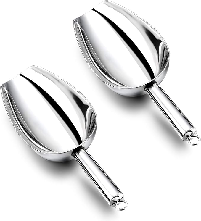 12 Ounce Ice Scoop Set of 2, E-far Stainless Steel Scoops for Ice Cube/Candy/Flour/Sugar, Metal Utility Scoops for Party, Baking, Kitchen Pantry, Rust Free & Dishwasher Safe