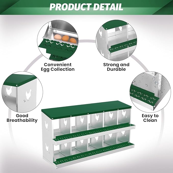 Metal Chicken Nesting Boxes, Heavy-Duty Galvanized Steel Egg Laying Box with 10 Compartments, Rustproof, Easy to Install & Clean, Wall-Mountable Design for Poultry Coops- Green Without Stand