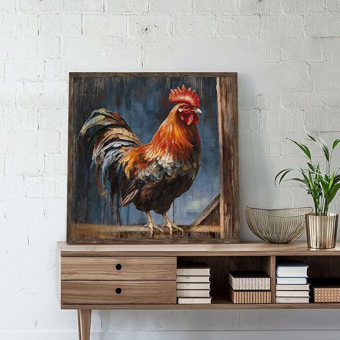Rooster Framed Wall Art Decor: Farmhouse Animal Picture Country Cock Wooden Artwork Farm Chicken Painting is the Perfect Combination of Energy Nature for the Kitchen Country House Bathroom 20"x20"
