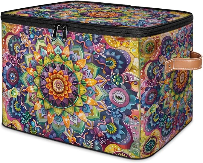 Vintage Boho Patern Storage Bins with Zipper Lid Fabric Storage Containers for Clothes Collapsible Closet Storage Basket with Metal Frame 2 Pack
