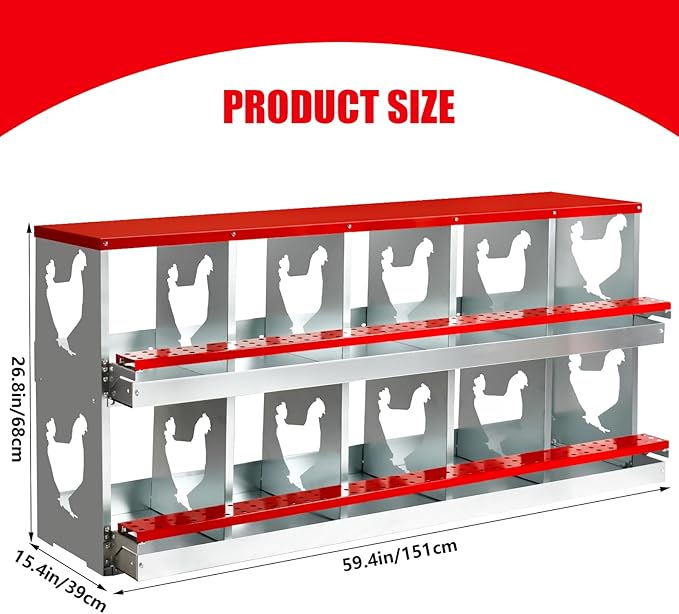 Chicken Nesting Box for Laying Eggs,10 Hole Roll Away Nesting Boxes,Chicken Laying Boxes with Large Vented Holes,Wall-Mountable Chicken Coop Nesting Boxes,Metal Laying Boxes for Hens,Ducks(Red)