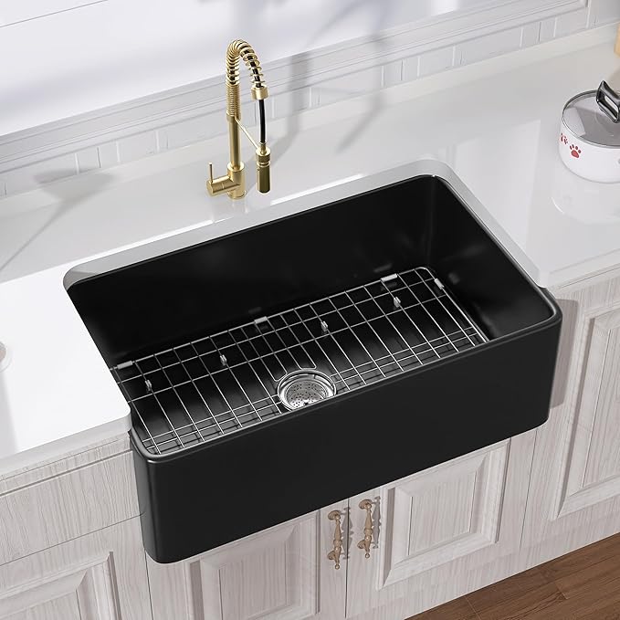 Miuara Black Farmhouse Sink 30 Inch - Apron Front Undermount Kitchen Sink Reversible 30"x18"x10", Farm House Style Single Bowl, Heavy Duty Solid Fireclay, Matte Black, for Kitchen