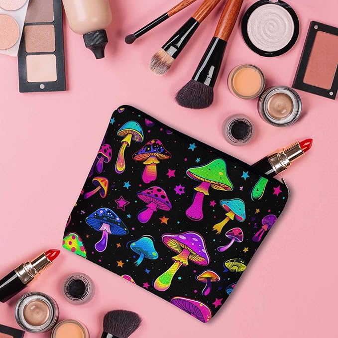 Mushroom Makeup Organizer Bag Cosmetic Bag For Men Women, Magic Galaxy Space Mushrooms Rainbow Travel Toiletry Bag Flax Makeup Bags Purse Business Makeup Pouch For Toiletries Cosmetics