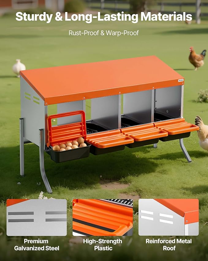 VEVOR Chicken Nesting Boxes, 4 Compartments, with Support Legs, Easy Egg Collection, Galvanized Steel and High-Strength Plastic, Roll Away Nesting Boxes for Chickens and Hens Laying Eggs, Orange