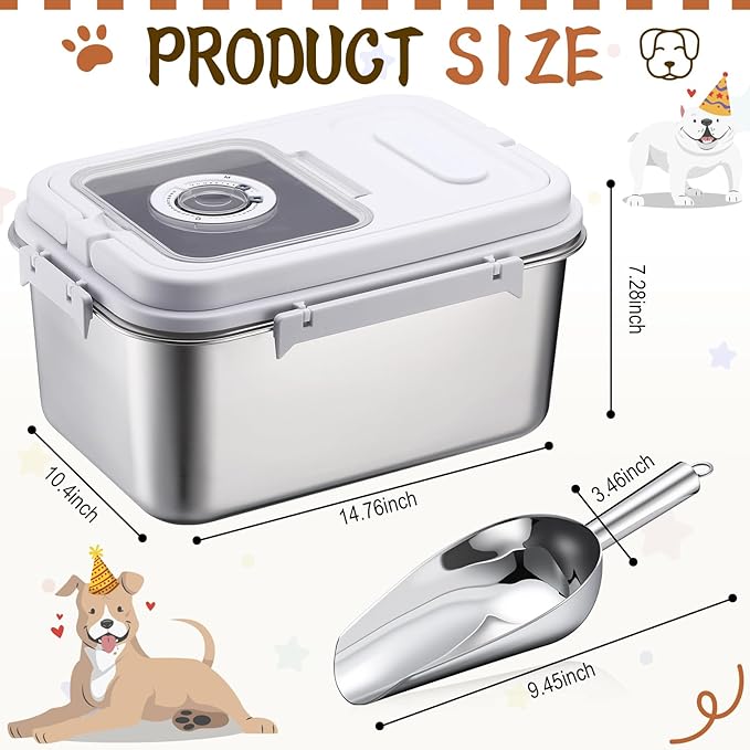 Honeydak 14.76 x 10.4 x 7.28 Inches Stainless Steel Dog Food Storage Container with Silicone Airtight Lid with Scoop Metal Pet Dog Cat Food Storage Container Keep Fresh Easy to Clean