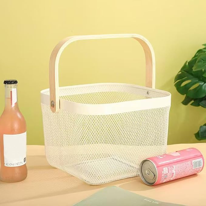 Metal Mesh Wire Basket, Large Steel Basket with Wooden Handle Storage Organizer Basket Multi-functional Hanging Kitchen Baskets Fruit Baskets for Kitchen Bathroom Cabinet Pantry Snacks, White