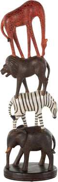 Deco 79 Polystone Safari Animals Decorative Sculpture Stacked Home Decor Statue with Round Base, Accent Figurine 6" x 4" x 21", Black