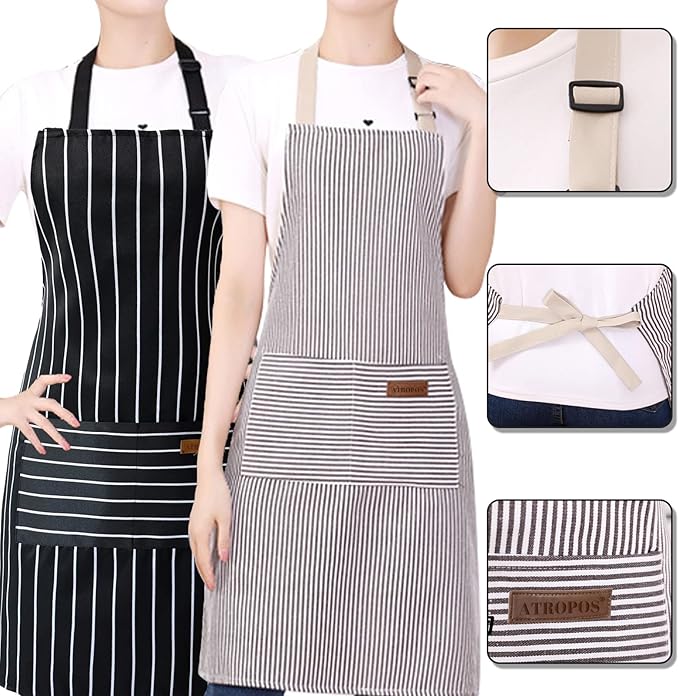 ATROPOS 2 Pieces Aprons for Women with Pockets, Aprons for Men, Womens Kitchen Apron, Cooking Apron Adjustable Bib Chef Apron(Unisex)