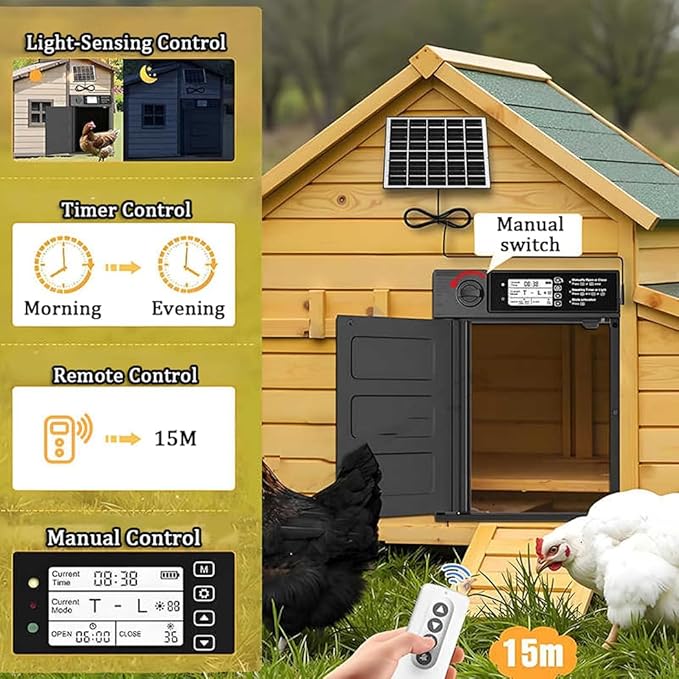 Automatic Chicken Coop Door Solar Powered with Timer, Light Sensor, Remote Control, LCD Display, Aluminum Alloy, Automatic Chicken Coop Door Chicken House Door Anti-Pinch Weatherproof
