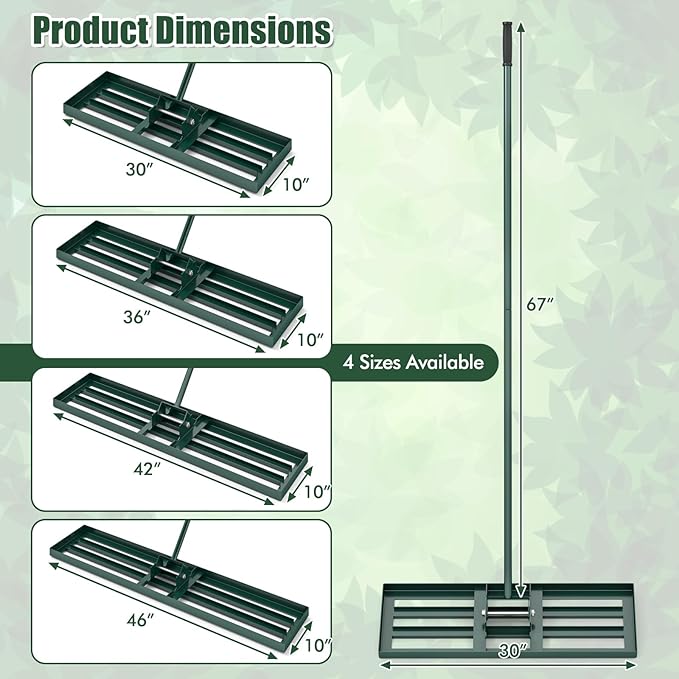Happygrill Lawn Leveling Rake, Heavy Duty Lawn Level Tool for Soil w/67” Handle, Dirt Ground Leveler, Effort-Saving Landscape Rake for Garden, Backyard, Golf Course, Farm, Pasture (30" x 10", Green)