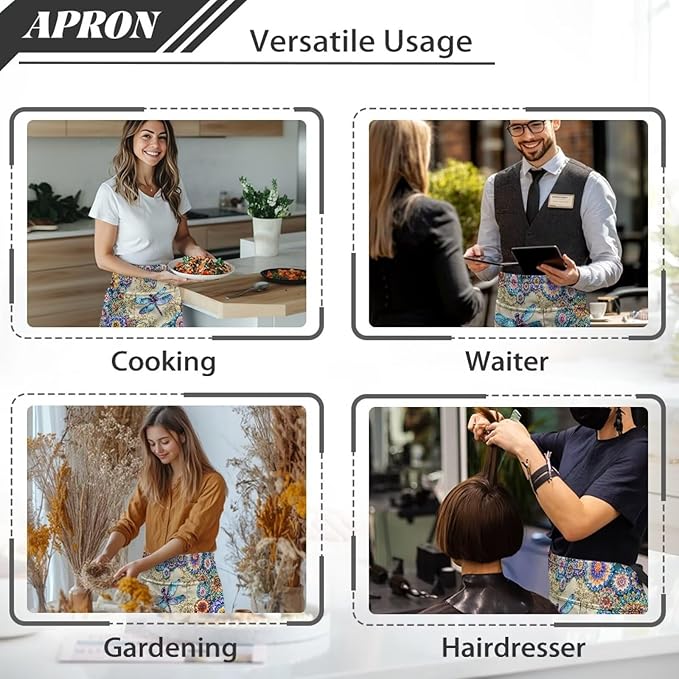 Waist Apron with 3 Pockets Waterproof 13 Inch Short Half Waist Aprons Women Men Server Aprons Waitress Waiter Apron