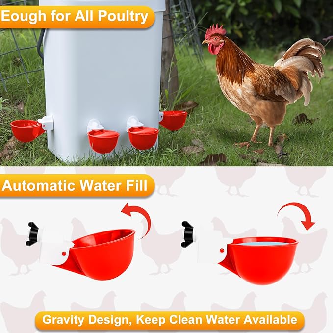 Chicken Water Cups 12 Pack, Automatic Filling Waterer Feeder Bowl, Gravity Poultry Watering System, Chicken Water Dispenser, Chicken Coop Accessories for Hens, Duck, Goose, Turkey (Red)