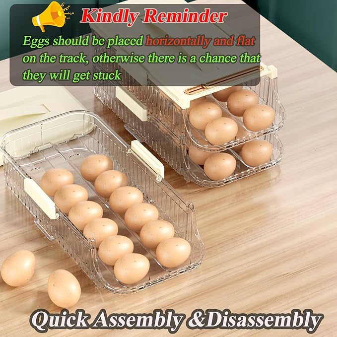 Egg Holder for Fridge Automatic Rolling, Egg Storager Container Organizer Dispenser for Refrigerator Stackable Removable Inner Tray, Egg Accessories (Clear, 1 Row-3 Tiers)