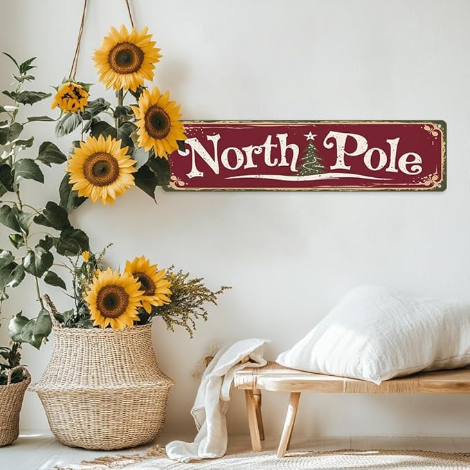 Rustic North Pole Metal Sign, 16x4 Inch - Christmas Tree Art Decorative Sign for Bathroom, Bedroom, Cafe, Bar, Balcony, Distressed Finish Plaque Wall Art Decor, Christmas Room Decor