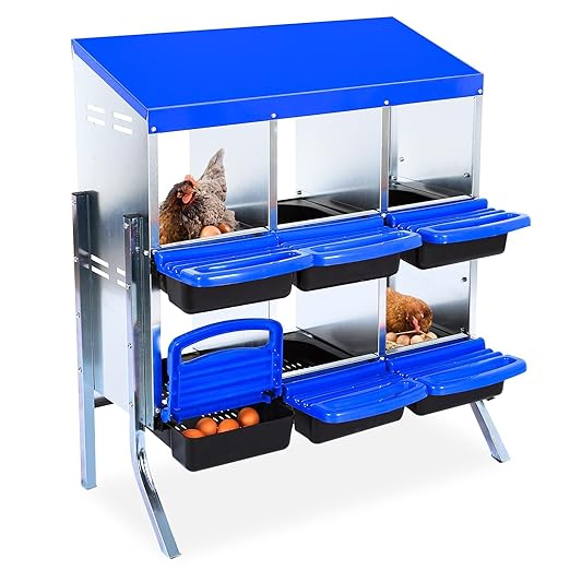 Chicken Nesting Boxes, 6 Hole Metal Chicken Laying Box with with Removable Trays and Roll Out Egg Collection for Chicken Coop, with Metal Bracket, Blue
