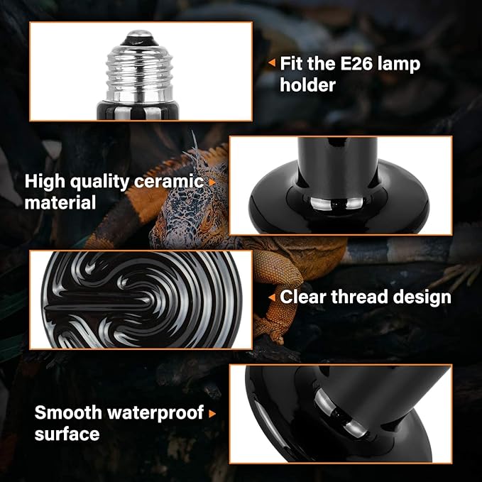 Simple Deluxe 50W 4-Pack Ceramic Heat Emitter Reptile Heat Lamp Bulb No Light Emitting Brooder Coop Heater for Amphibian Pet & Incubating Chicken, Black