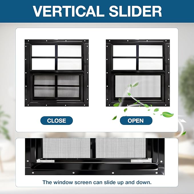 Yuzzy Shed Windows 2 Pack, Chicken Coop Windows 36" x 36" with Tempered Glass and Fiberglass Screen, Flush Mounted Small Window for Shed, Barns, Playhouse, Household, Garage (Black)