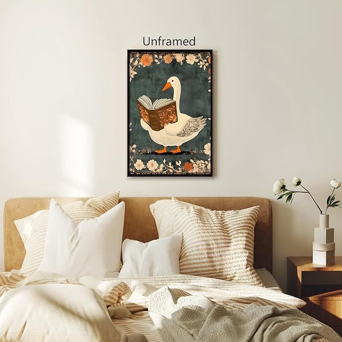 Nursery Animal Canvas Wall Art, Whimsical Goose Reading A Book Poster, Cozy Folk Art Print, Countryside Animal and Botanical Flowers Wall Painting for Kids Reading Corner 24x36in Unframed