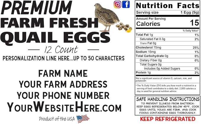 Jumbo Quail Egg Cartons with Custom Farm Labels for Coturnix Bobwhite Quail (12 Count, 100)