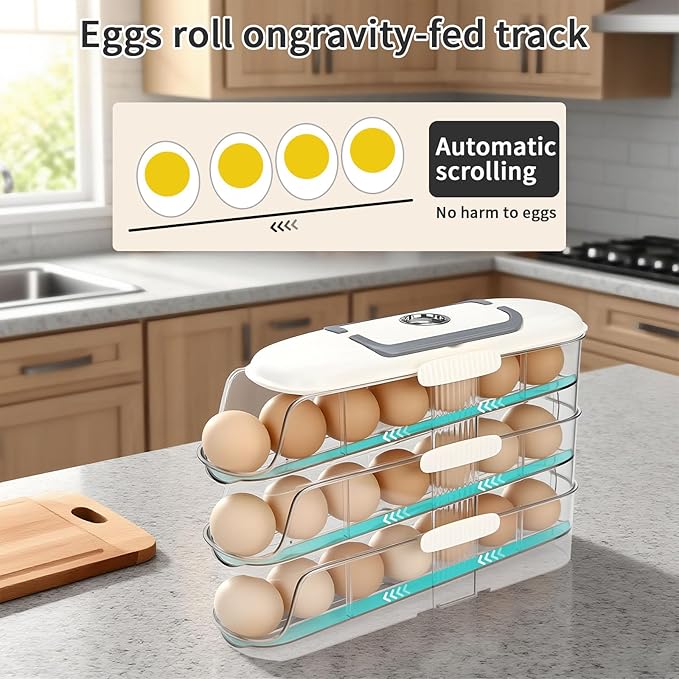 Egg Dispenser for Refrigerator, 3-Layer Clear Plastic Egg Holder Adopt Transparent PET Material & Hidden Handle Design – Egg Organizer for Refrigerator with Cover Lock Buckle (Capacity for 21 Eggs)