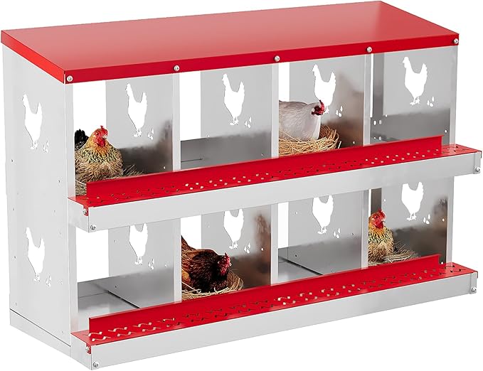 8 Hole Chicken Nesting Box, Galvanized Steel Nesting Boxes with Vented Design, Laying Nesting Boxes for Hens, Wall Mount, Red