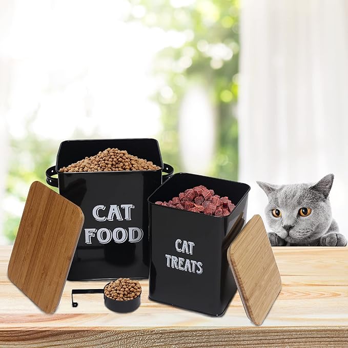 Cat Food Storage Container Farmhouse Pet Food Treats Bin with Lid and Scoop, Perfect Sturdy Canister Tins for Kitchen Countertop, Shelf, Great Gift for Pet Owners - Cat Food - Black