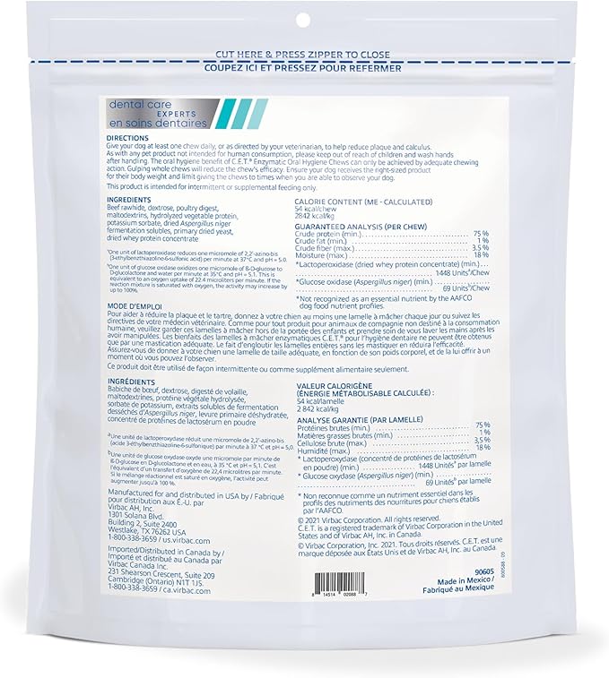 Virbac C.E.T.® Enzymatic Oral Hygiene Chews for Dogs, Medium - Plaque & Tartar Control - Single Layer Beefhide with Exclusive Dual-Enzyme System & Tasty Chicken Flavor - Easy to Give Dog Dental Chew