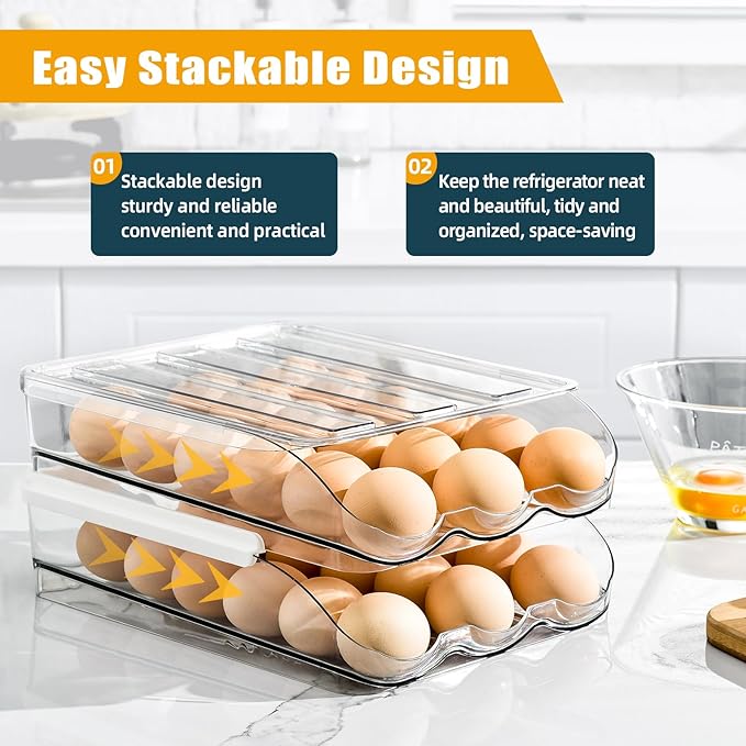 Egg Holder for Fridge, Rolling Egg Holder for Refrigerator, Egg Organizer for Refrigerator Clear Plastic Egg Dispenser with Removable Lid and Tray (2 Layer Holds 36 Eggs)