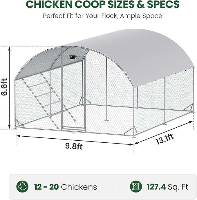 Chicken Coop Large Metal Chicken Run with Full-Top Waterproof Cover - Chicken House for 16/20 Chickens, Poultry Cage with Solar Light, Backside Poles, Walk-in Pen for Rabbits Ducks Yard 2 Room