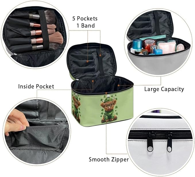 Travel Makeup Bags for Women Portable Tote Cosmetic Case with Carry Handle Toiletry Accessories Storage Organizer Bags for St. Ptrick's Day, Shamrock Highland Cattle Green