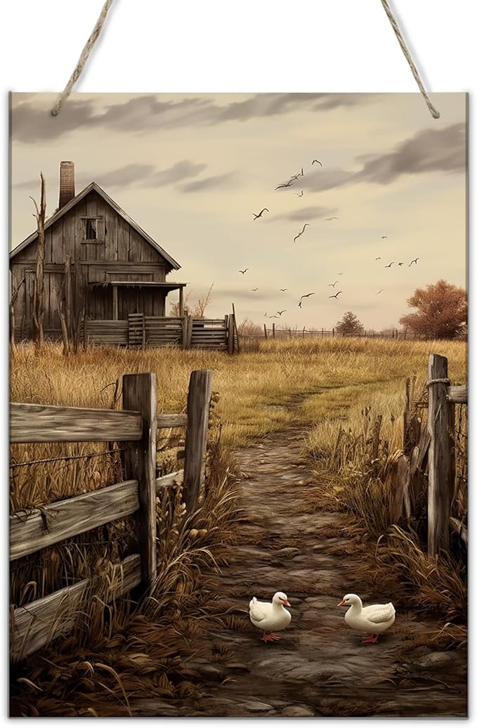 Rustic Barn and Geese Countryside Path Hang Signs Classic Farmhouse Decor,Retro Wall Art decor,for Home,Outdoor Scenery Décor,Retro Wooden Gifts for Garden,family Kitchen,Living Room 6x12inch