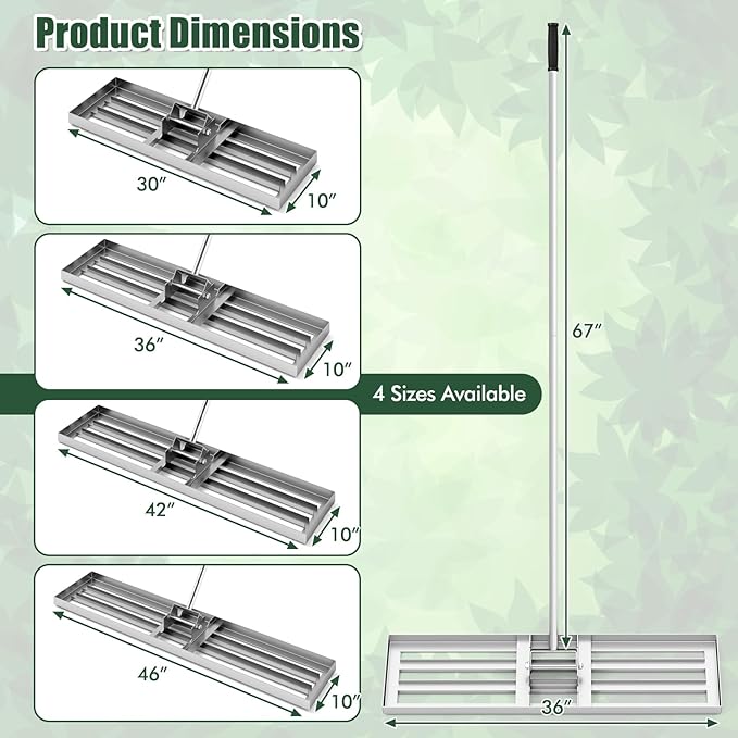 Happygrill Lawn Leveling Rake, Heavy Duty Lawn Level Tool for Soil w/67” Handle, Dirt Ground Leveler, Effort-Saving Landscape Rake for Garden, Backyard, Golf Course, Farm, Pasture (36" x 10", Silver)