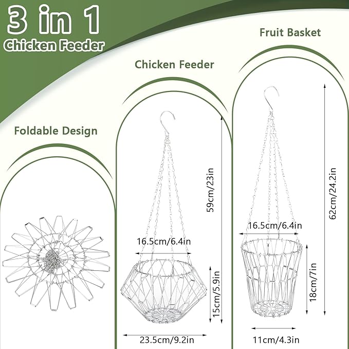 Chicken Vegetable Hanging Feeder, 9.2in Chicken Treat Dispenser, Foldable Chicken Toys for Coop with 4Pcs Hanging Stainless Chain, Veggie Treat Ball for Chicken,Hens,Duck,Rabbit, (1PCS)