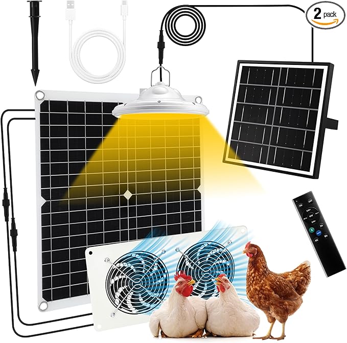 2 Set 25W 12V Solar Panel Dual Metal Shell Fan Kit and Solar Chicken Coop Shed Light with Timer, Waterproof for Inside Chicken Coop, Shed, Greenhouses, Pet House