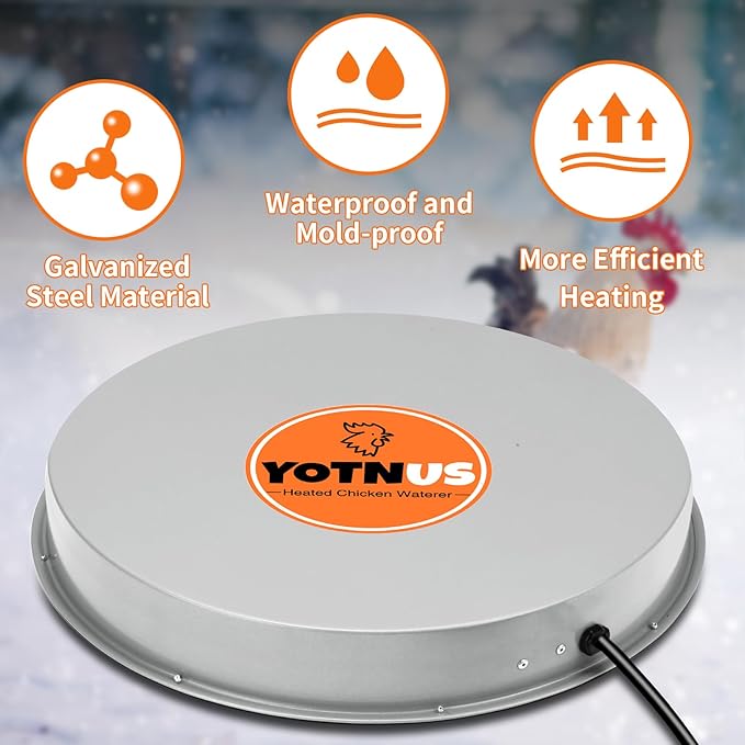 Chicken Water Heater for Winter: 11+14.6 Inch Chicken Water Heater Base, 77℉ Automatic Shut-Off, Safe for Outdoor Use, 125W Heated Chicken Waterer, Poultry Water Deicer with 6 Feet Cord
