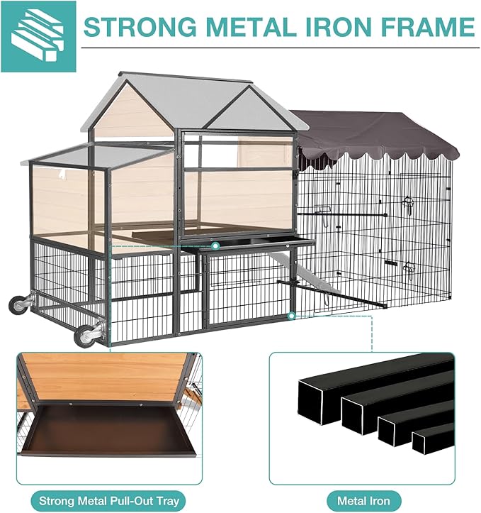 Mobile Chicken Coop,Large All-Steel Frame Hen House for 6-8 Chickens Poultry Cage with Nesting Box Metal Run,Waterproof Rain Cover Duck Coop
