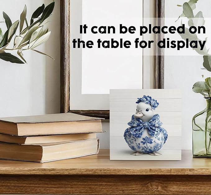 Blue And White Chinoiserie Grand Millenial Duck Decor Signs,Bow Blue Duck Floral Home Signs,Chinoiserie Porcelain Desk Decorations,Farmhouse Animal Office Kitchen Bathroom Decor