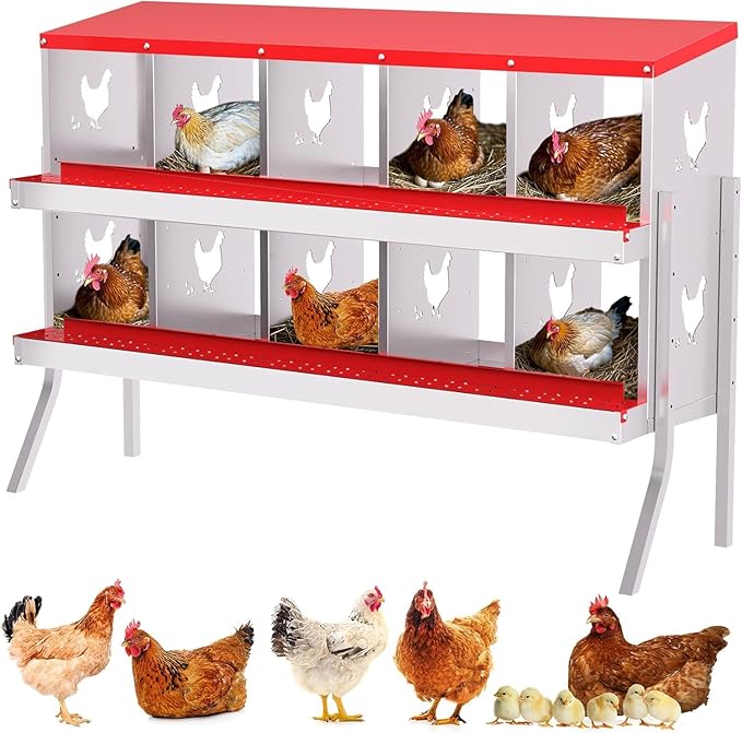 TrailBlaze 10 Compartment Chicken Nesting Box with Metal Legs, Chicken Egg Laying Boxes with Rollout Egg Collection, Large Vented Holes Chicken Coop for Chickens, Hens (Red)